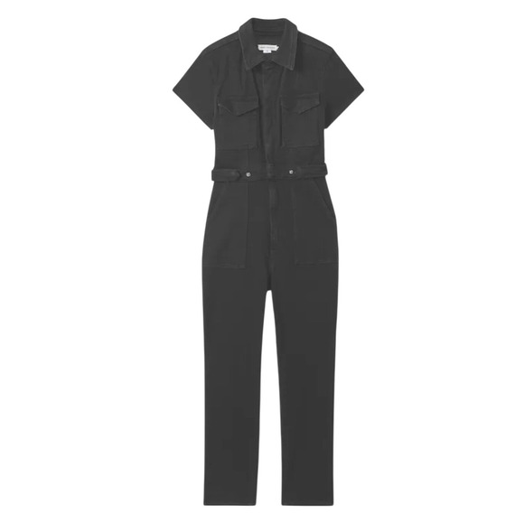 Good American Black Denim Short Sleeve Utility Jumpsuit Belted Zip Front Size M - Picture 13 of 15